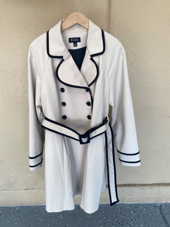 Elle Jackets & Blazers - ELLE Women’s Double-Breasted Belted Trench Coat Size 16 Cream w/Black Piping